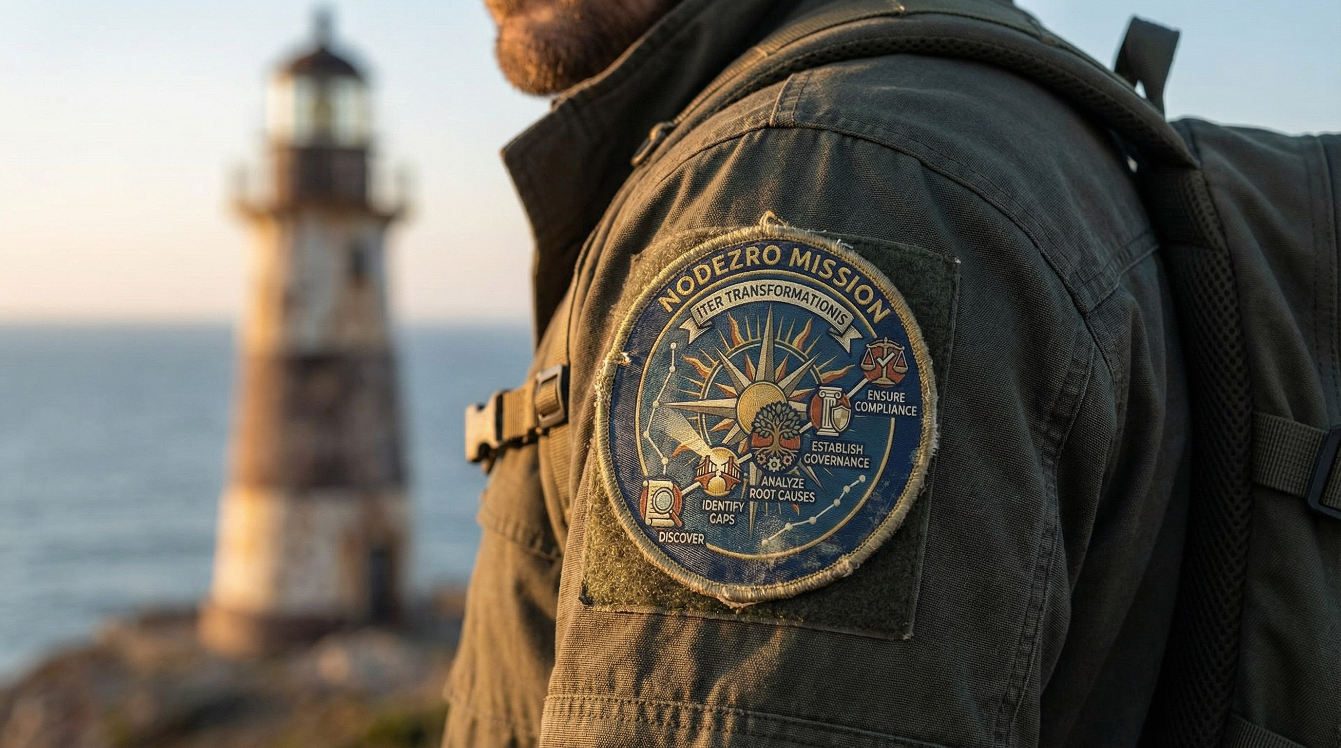 Explorer wearing the NodeZro Mission badge looking toward a lighthouse - symbolizing guidance through digital risk transformation