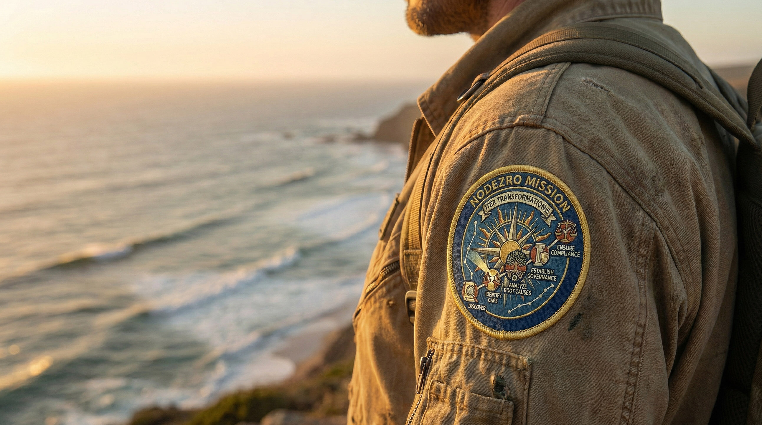 Explorer wearing the NodeZro Mission badge overlooking the horizon - symbolizing the journey of digital risk transformation